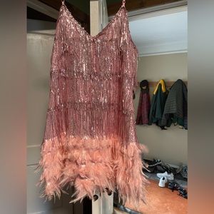 Gatsby pink with feathers and fringed sequins Taylor Swift Eras Tour